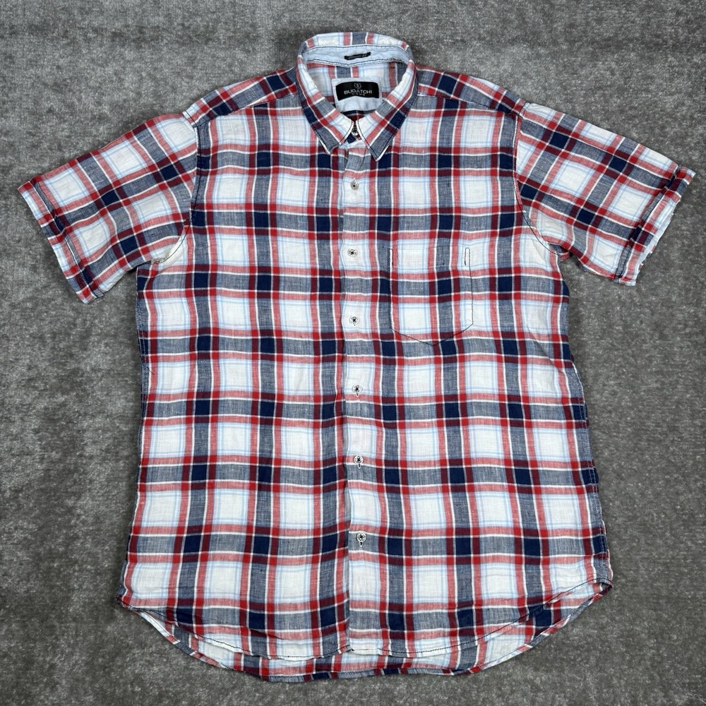 Bugatchi Shirt Men's Medium Plaid 100% Linen Short Sleeve Button Up